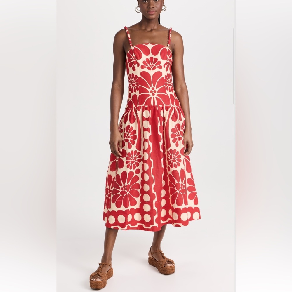 FARM Rio Red and White A-Line Midi Dress